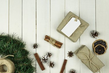 The box is wrapped with rope, the parcel is on a rustic background. Chrome key. copy space. Brown gift box.