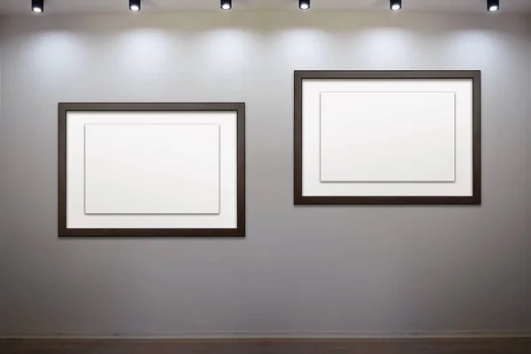 Wall Art Template Illuminated Empty Wall Two Blank Picture Frames — Φωτογραφία Αρχείου