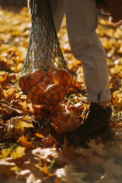 Junge Schöne Frau Mit Hut Einem Herbstlichen Park Ein Säckchen — Stockfoto