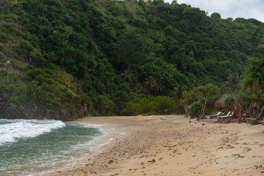 Tropik sahil manzarası, deniz taşları ve turkuaz okyanus, mavi gökyüzü..