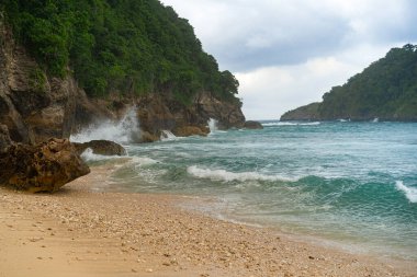 Doğa arka planı, mavi okyanus, kıyıda dalgalar, yemyeşil tropikal bitki örtüsüyle kayalık kenarı