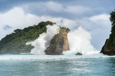 Tropik sahil manzarası, deniz taşları ve turkuaz okyanus, mavi gökyüzü..