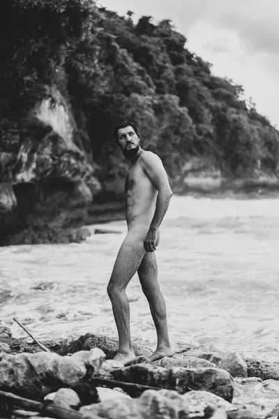 Uomo Nudo Sull Oceano Unità Dell Uomo Con Natura — Foto Stock