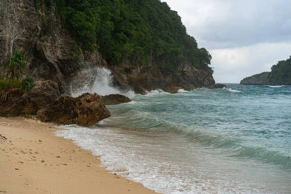 自然の背景青い海波が海岸に流れ崖の端が緑豊かな熱帯植物で — ストック写真