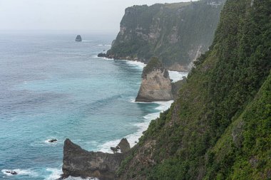 Nusa Penida 'nın doğal görüşü. Kayalar ve okyanus. Peguyangan Tapınağı
