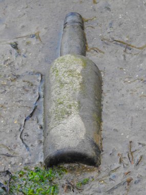 Çamura batırılmış eski bir cam şişe.