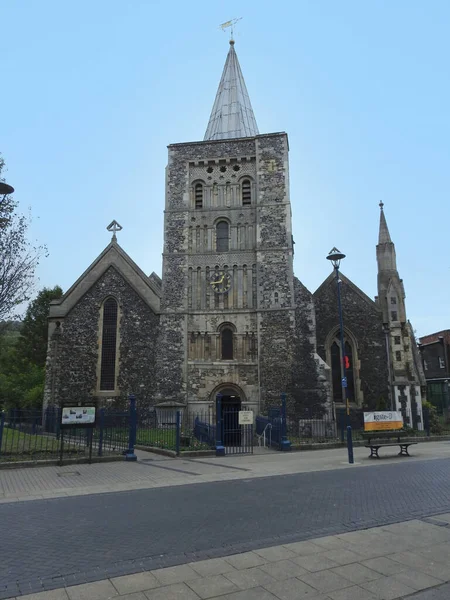 View Stone Old Church Towers Clock Facade — Stock Fotó