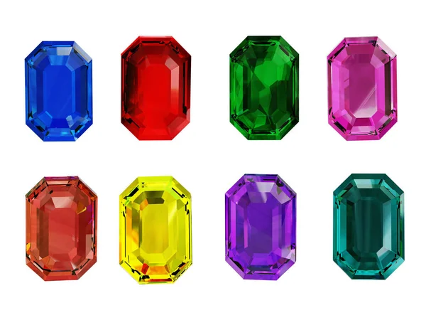 Colorful Emerald Cut Jewels White Background Illustration — Stock fotografie