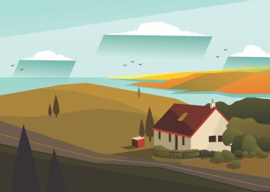 Güzel tatil kulübesinin manzarası, poster, afiş, kart, broşür veya kapak için doğal ve rustik arkaplan vektör çizimi.