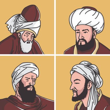 Dört İslam âliminin vektör çizimi - Celaleddin Rumi, Muhammed Gazâlî, İbn Rüşd, İbn-i Sina, hekim, ilahiyatçı, filozof, şair, hekim