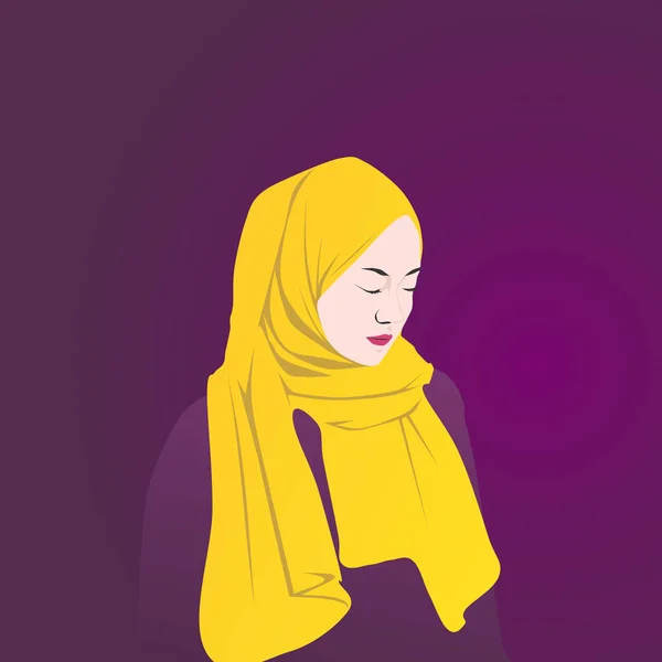 Character Muslim Woman Yellow Hijab Purple Background — Vector de stock