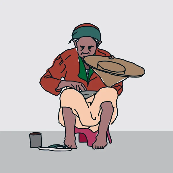 Ilustración Una Anciana Abuela Mendigando Con Zapatillas Una Lata Junto — Archivo Imágenes Vectoriales
