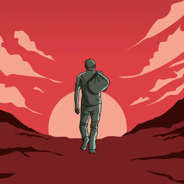 Illustration Man Holding Bundle Cloth Walking Away Red Twilight Background — стоковый вектор