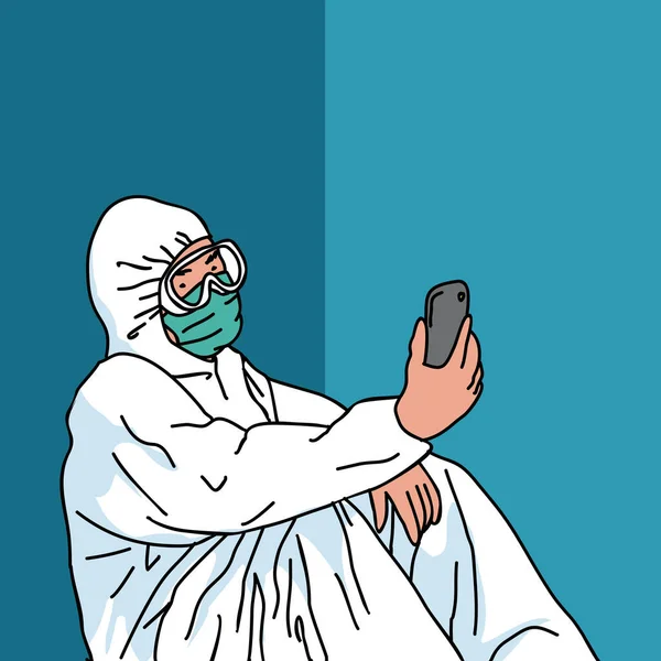 Ілюстрація Медичного Працівника Який Робить Відеодзвінок Своєю Сім Тому Він — стоковий вектор