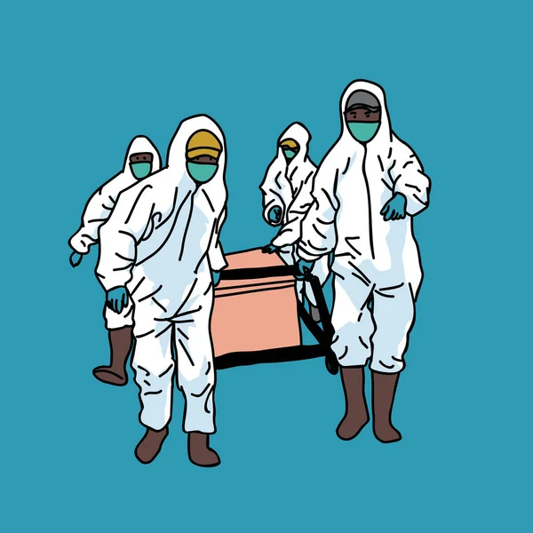 Illustration Several Health Workers Carrying Coffins Blue Background — Vetor de Stock