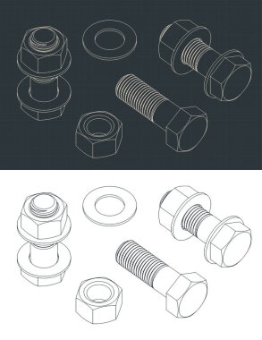 Altıgen cıvata ve fındık kafanın izometrik planlarının stilize edilmiş vektör çizimi