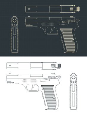 Bir tabancanın çizimlerinin biçimlendirilmiş vektör çizimi