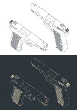 Bir tabancanın izometrik çizimlerinin biçimlendirilmiş vektör çizimi