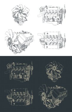 Güçlü V8 turbo motorunun planlarının biçimlendirilmiş vektör çizimi