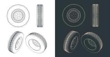 Kamyon tekerleğinin planlarının biçimlendirilmiş vektör çizimi
