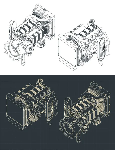 強力なディーゼルエンジンの等方設計図の様式化されたベクトル図 — ストックベクタ