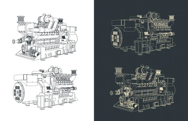 Stylized Vector Illustration Blueprints Industrial Gas Engine — Stock Vector