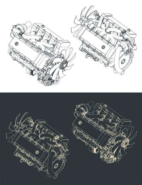 Στυλιζαρισμένη Διανυσματική Απεικόνιση Ισομετρικών Σχεδίων Του Ισχυρού Turbo Κινητήρα — Διανυσματικό Αρχείο