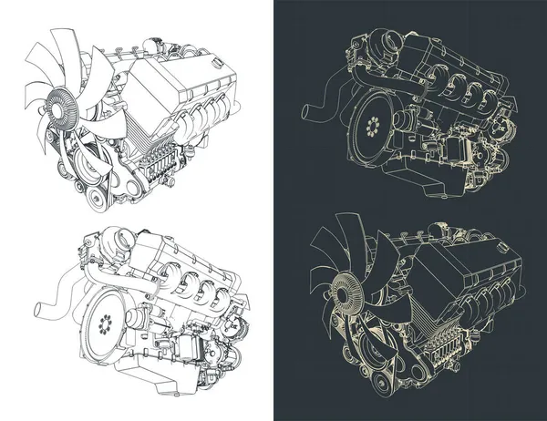 Стилизованная Векторная Иллюстрация Чертежей Мощного Турбодвигателя — стоковый вектор
