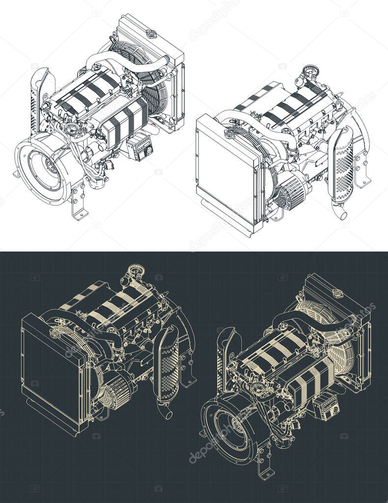 Stylized vector illustration of isometric blueprints of powerful diesel engine