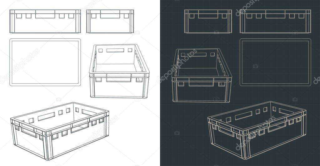Stylized vector illustration of blueprints of plastic pallet box