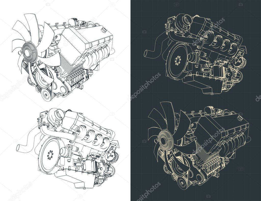 Stylized vector illustration of drawings of powerful V8 turbo engine