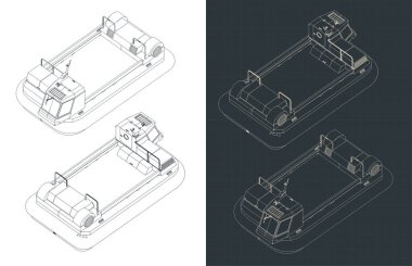 Hovercraft 'ın izometrik planlarının stilize edilmiş vektör çizimi