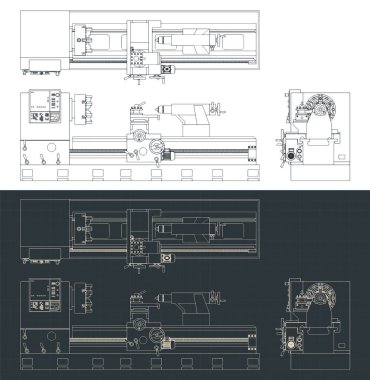 Mekanik torna planlarının biçimlendirilmiş vektör çizimi