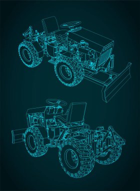 Mini traktörün çizimlerinin biçimlendirilmiş vektör çizimi