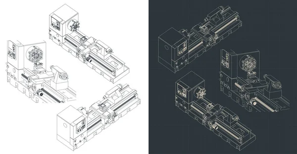 Illustrazione Vettoriale Stilizzata Schemi Isometrici Del Tornio Meccanico — Vettoriale Stock