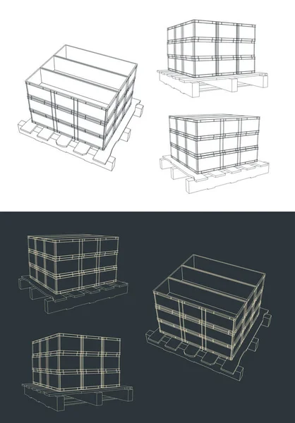 Illustrazione Vettoriale Stilizzata Schizzi Scatole Plastica Pallet Legno — Vettoriale Stock