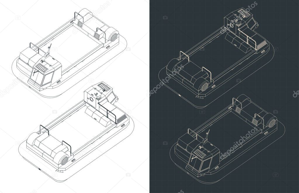 Stylized vector illustration of isometric blueprints of hovercraft