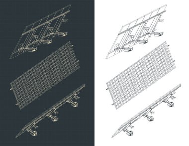 Bağlayıcıları olan güneş panelinin izometrik planlarının biçimlendirilmiş vektör çizimi