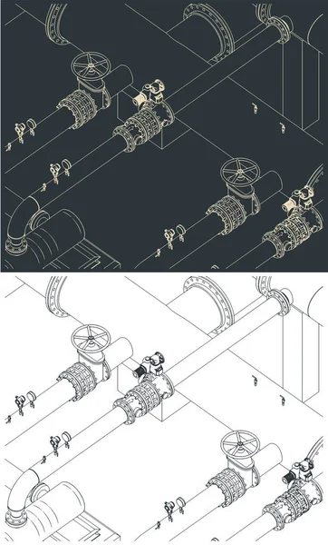 Stilisierte Vektorillustration Isometrischer Zeichnungen Von Rohren Und Ventilen — Stockvektor
