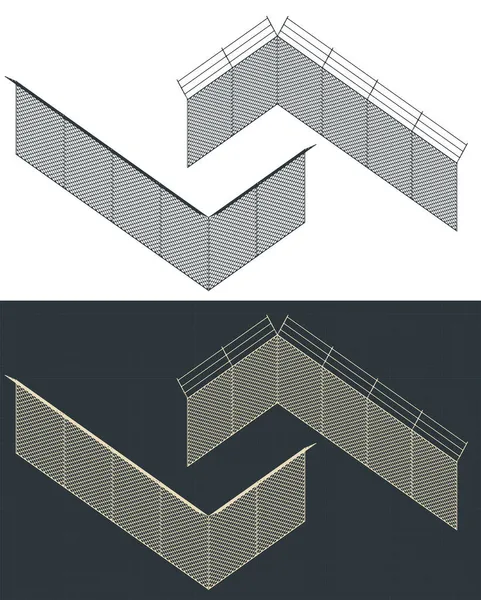 Ilustrasi Vektor Bergaya Dari Cetak Biru Isometrik Pagar Kawat - Stok Vektor