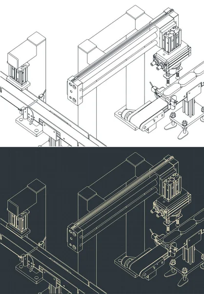 Gestileerde Vector Illustratie Van Geautomatiseerde Fabriekslijn Isometrische Tekeningen — Stockvector