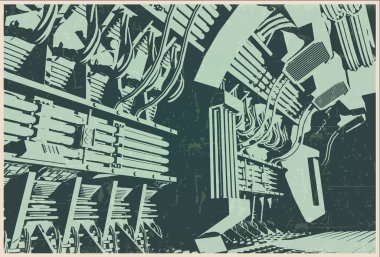 Bilim kurgu teması üzerine biçimlendirilmiş vektör çizimi. Uzay gemisinin içi geçmişe dönük gelecekçilik tarzında.