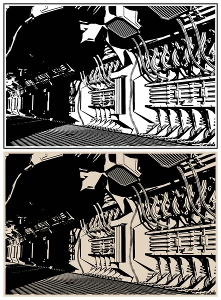 Stilisierte Vektorillustration Zum Thema Science Fiction Raumschiff Interieur Retro Futurismus — Stockvektor