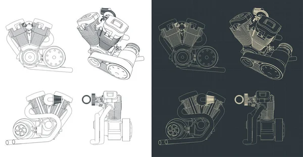 Stilisierte Vektorillustration Der Baupläne Des Leistungsstarken Twin Motorradmotors — Stockvektor