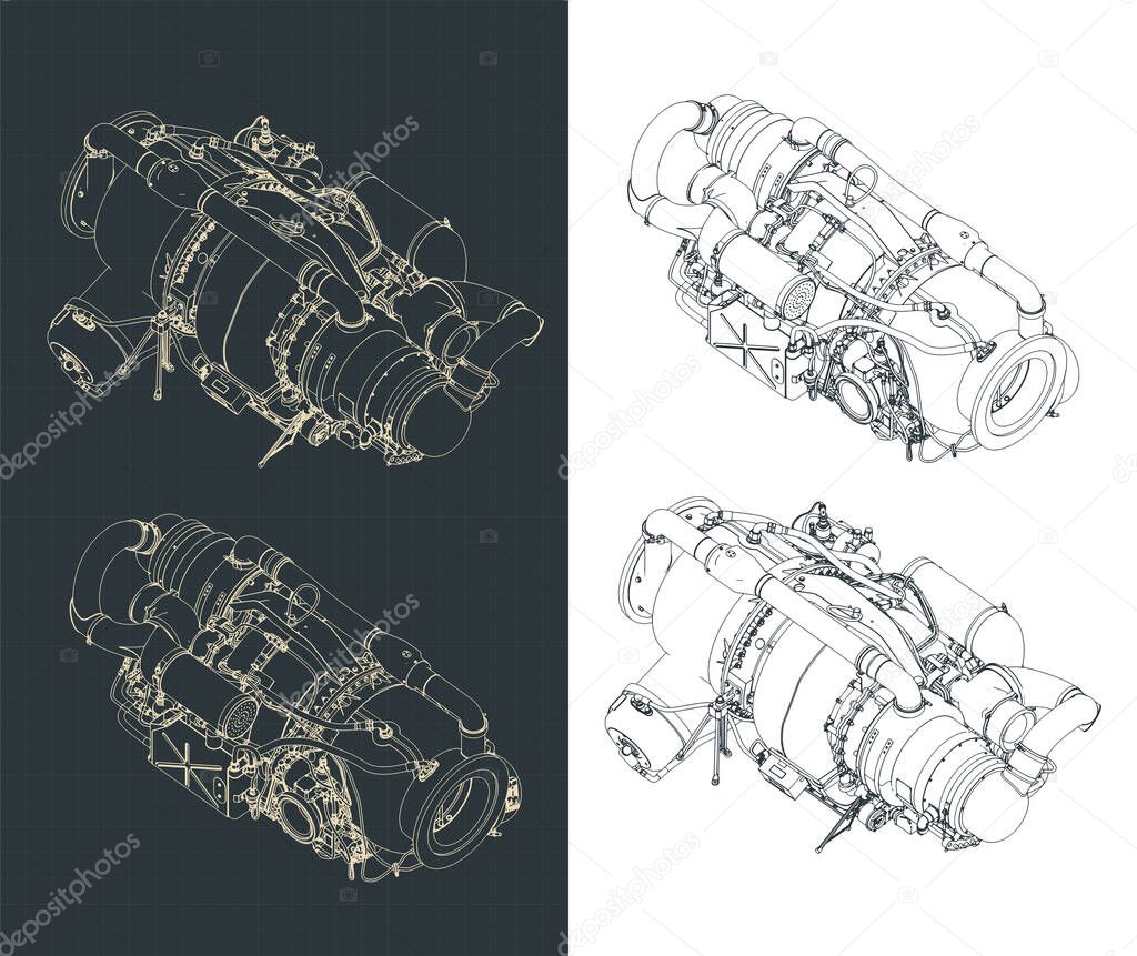 Stylized vector illustration of isometric blueprints of Aircraft gas turbine engine APU