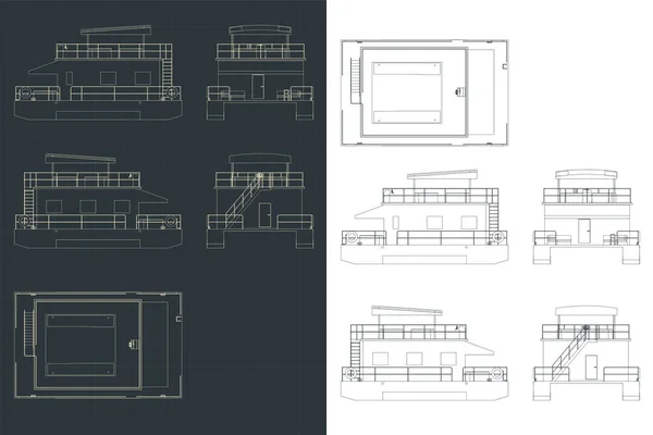 Stylized Vector Illustration Blueprints Pontoon Houseboat — Stock Vector