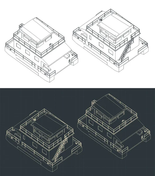 Stilisierte Vektorillustration Isometrischer Baupläne Von Ponton Hausbooten — Stockvektor