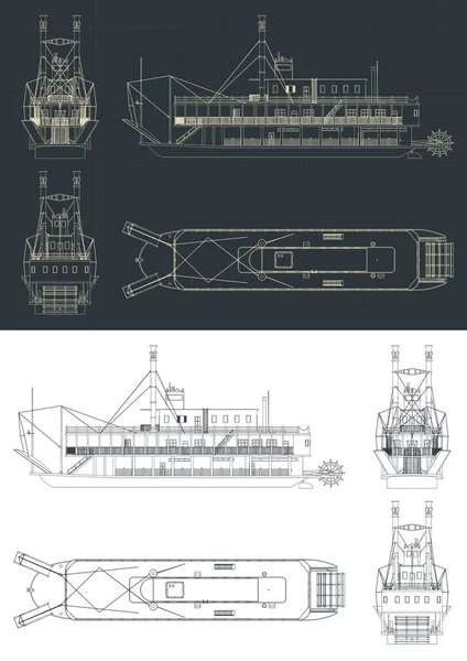 Gestileerde Vector Illustratie Van Blauwdrukken Van Peddel Stoomboot — Stockvector