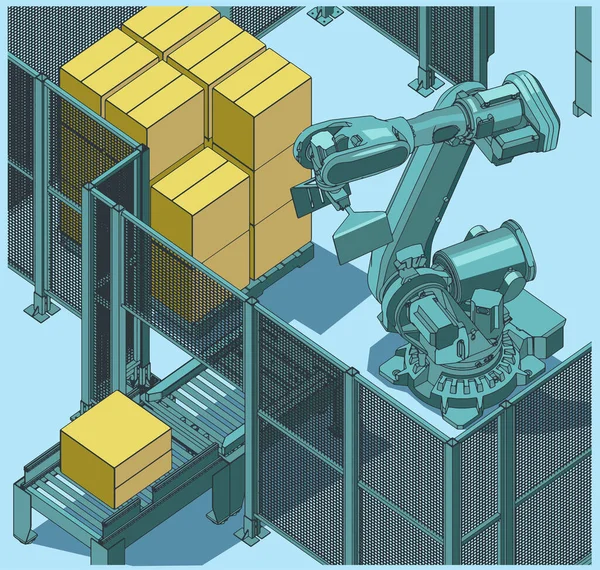 Stilizált Vektor Izometrikus Illusztrációja Robot Raklapozó Vonal — Stock Vector