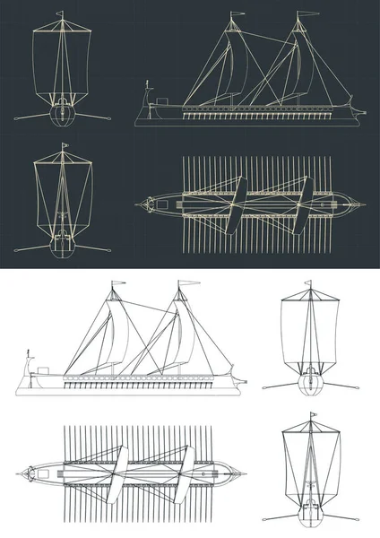 Gestileerde Vectorillustratie Van Blauwdrukken Van Romeinse Oorlogsschepen — Stockvector